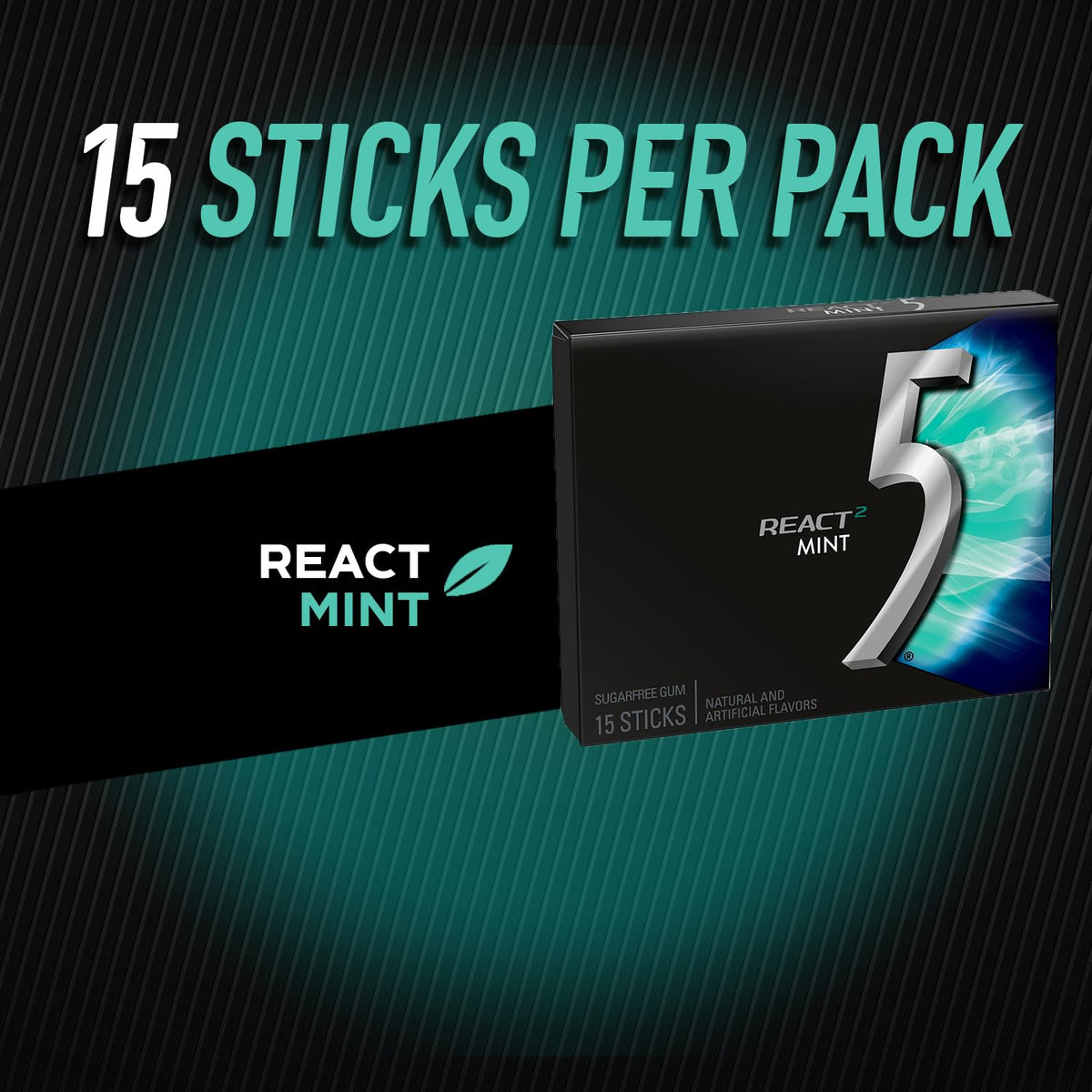 Fivegum React 2 Mint 15-stick pack side angle highlighting sleek on-the-go design.