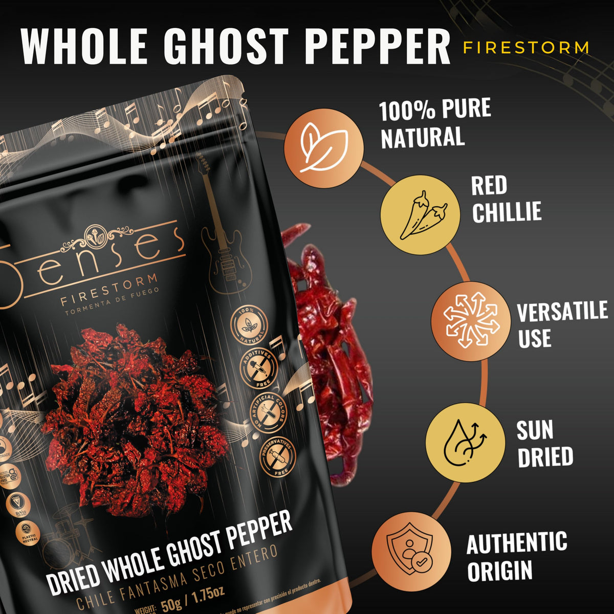 5Senses dried ghost peppers packaging preserves heat and freshness for long-term use.