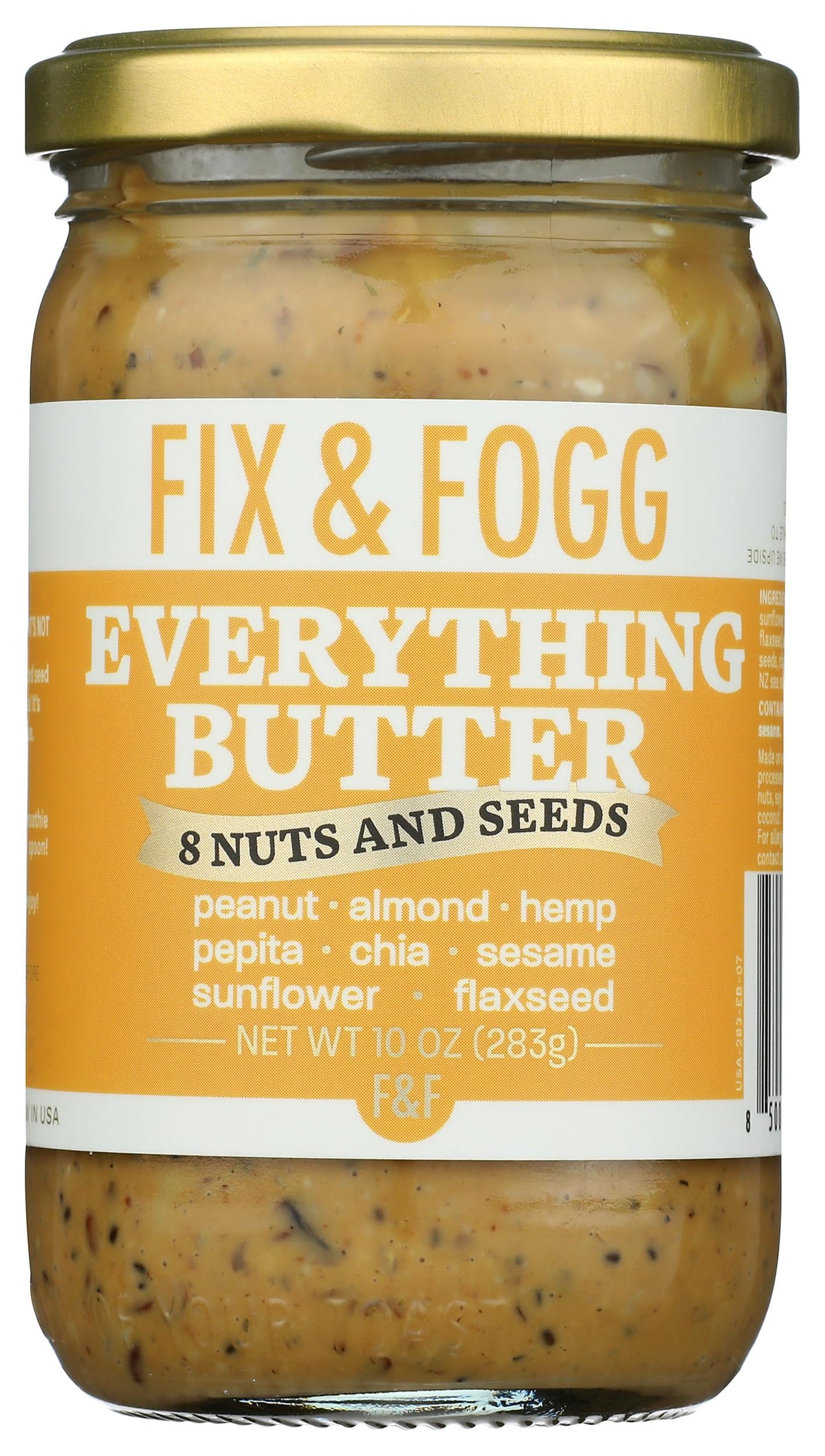 Fix & Fogg Everything Butter jar showcasing eight nuts and seeds for a protein-rich spread.