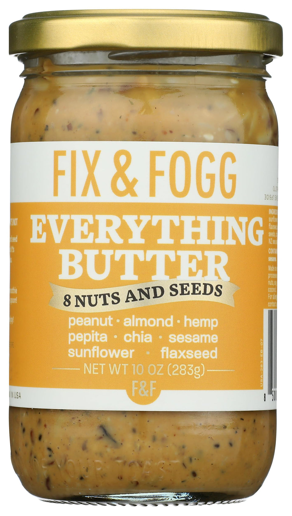 Fix & Fogg Everything Butter jar showcasing eight nuts and seeds for a protein-rich spread.