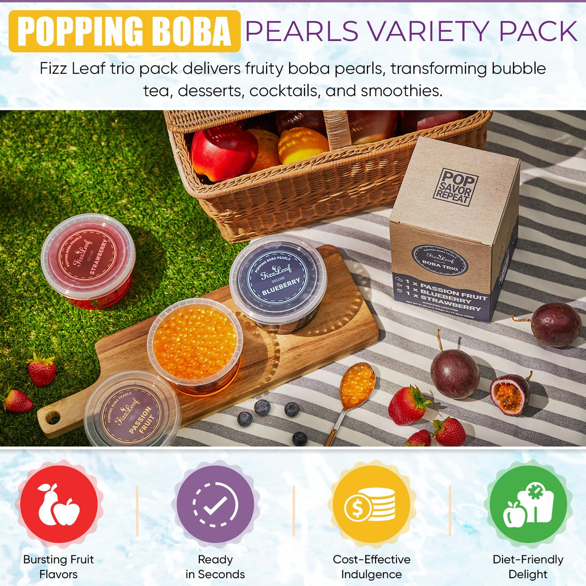 Fizzleaf blueberry popping boba pearls for a refreshing berry pop.
