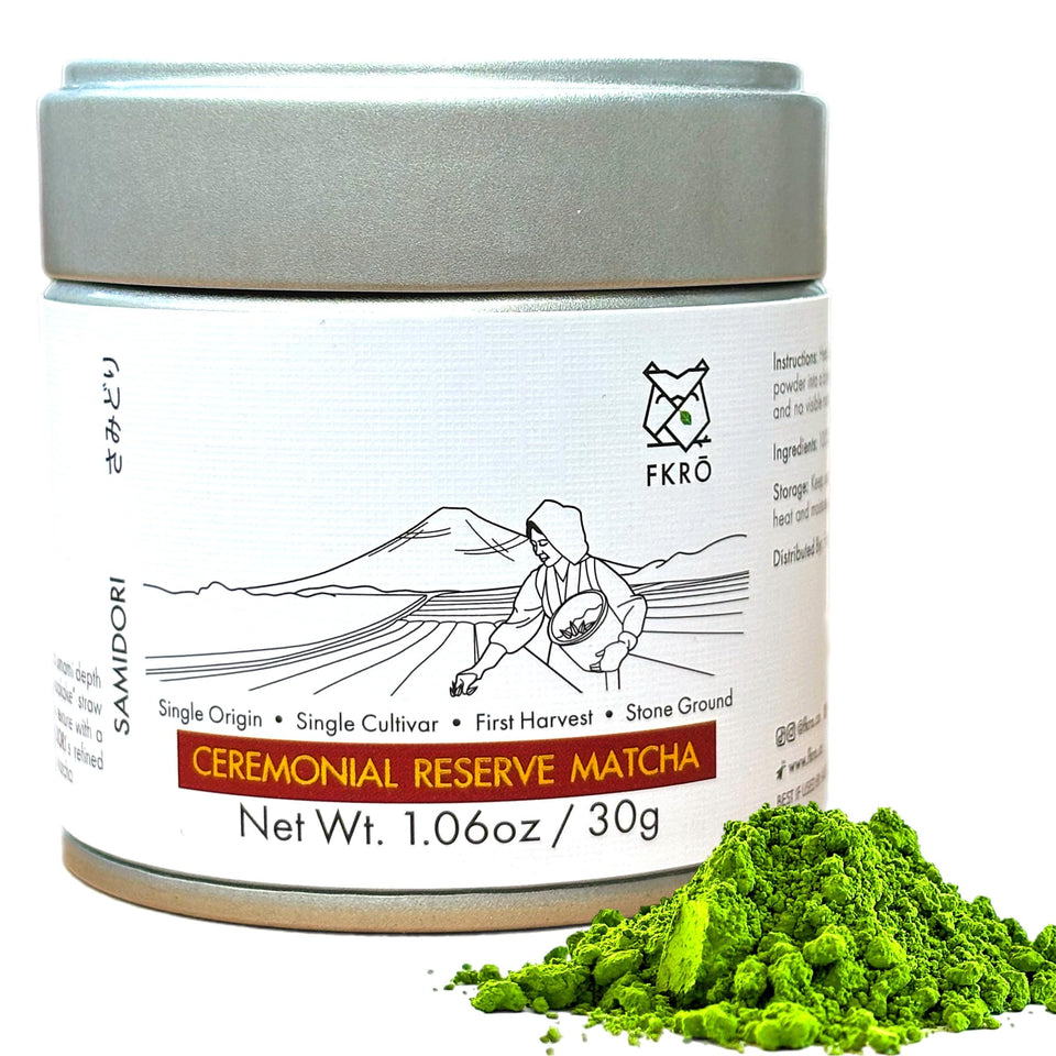 FKRO Ceremonial Reserve Matcha Samidori tin ready for ceremonial tea rituals.