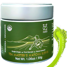 FKRO ceremonial grade matcha tin front view showing premium packaging