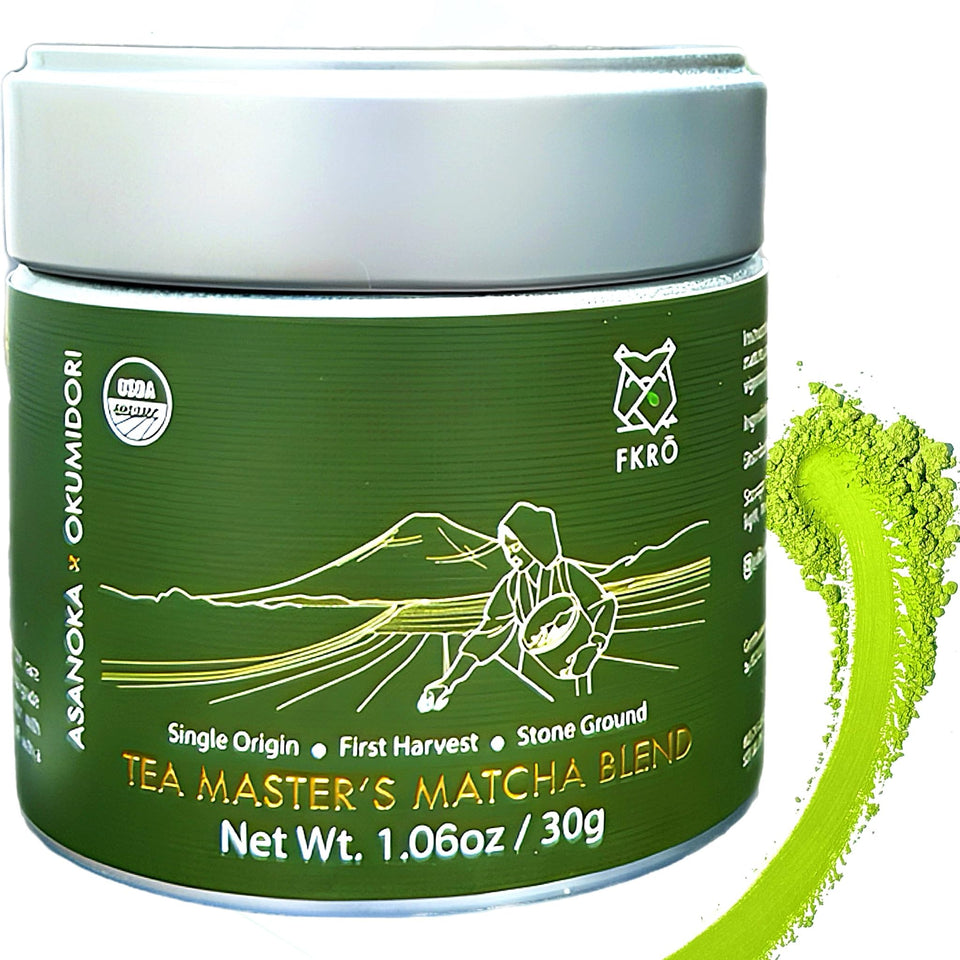 FKRO ceremonial grade matcha tin front view showing premium packaging