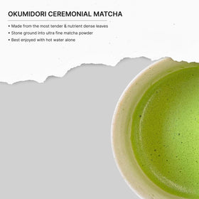 FKRO matcha in hot tea cup with steam, energizing focus.