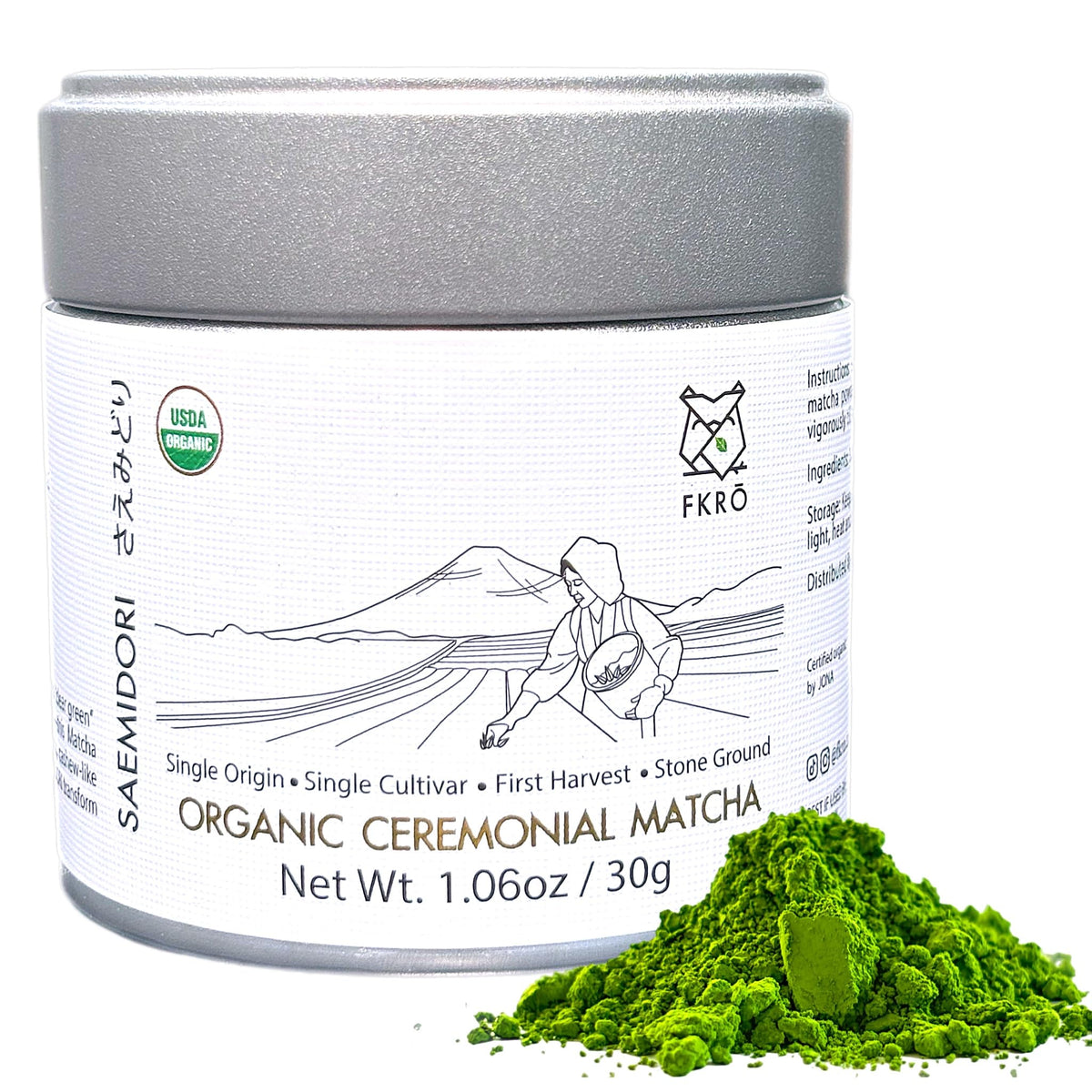 FKRO ceremonial-grade matcha tin packaging highlights Saemidori quality for ritual tea.