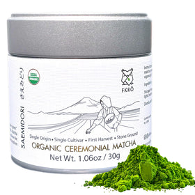 FKRO ceremonial-grade matcha tin packaging highlights Saemidori quality for ritual tea.