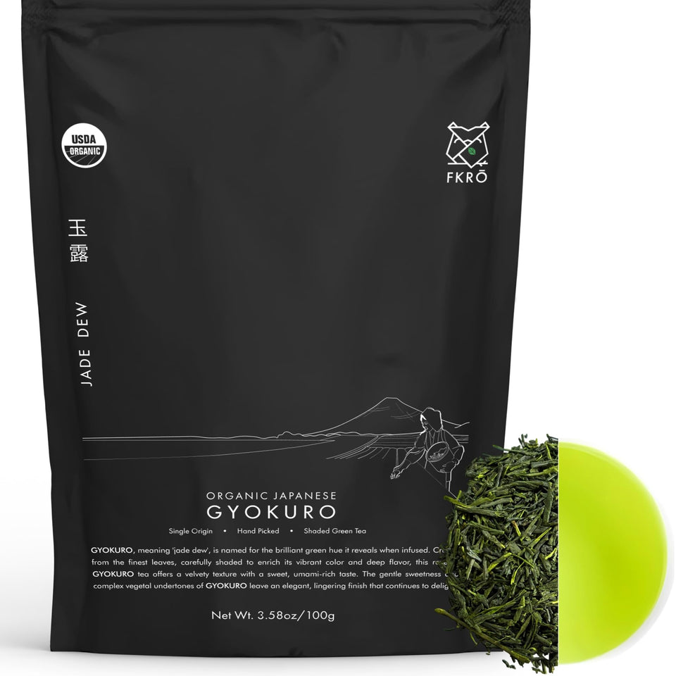 FKRO Organic Gyokuro leaves close-up for premium, umami-forward brewing.