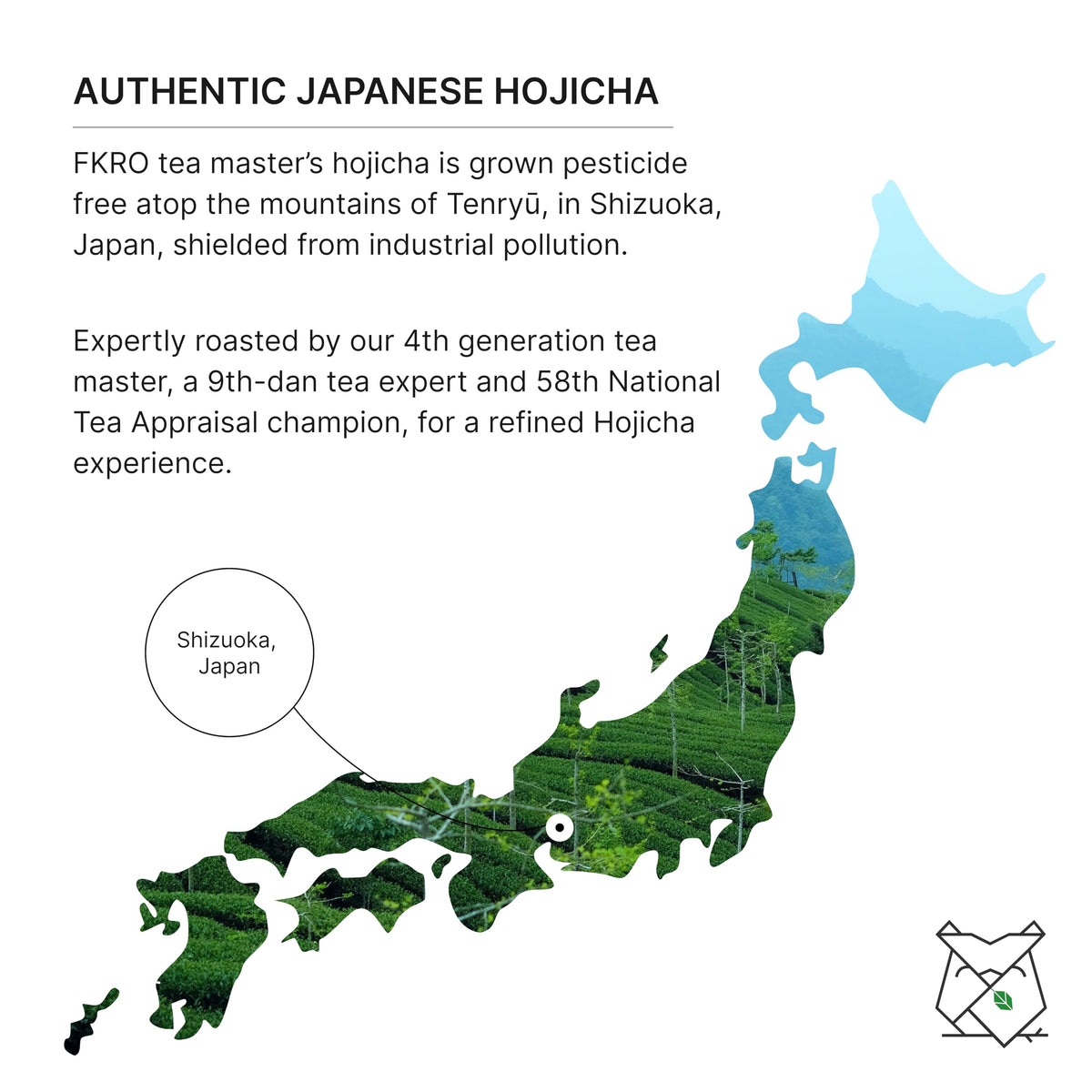 FKRO Hojicha from Tenryu, Shizuoka farm, pesticide-free authenticity.
