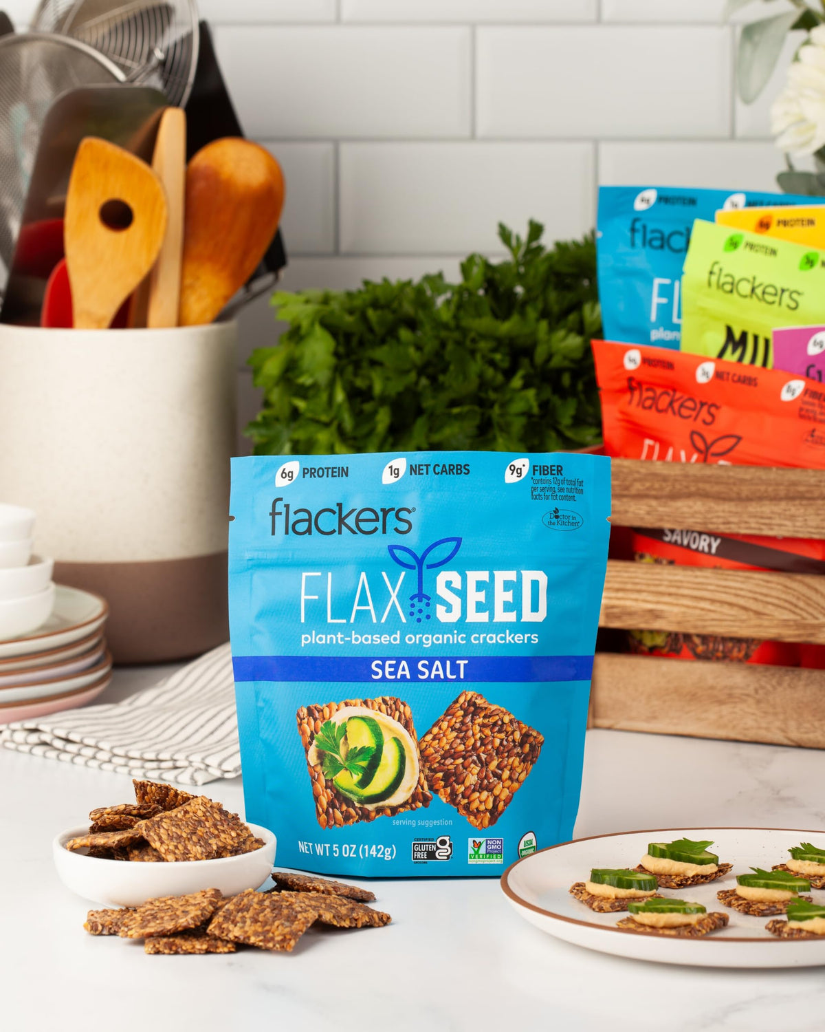Flackers Doctor In The Kitchen Sea Salt cracker 5oz bag label, convenient pantry pack