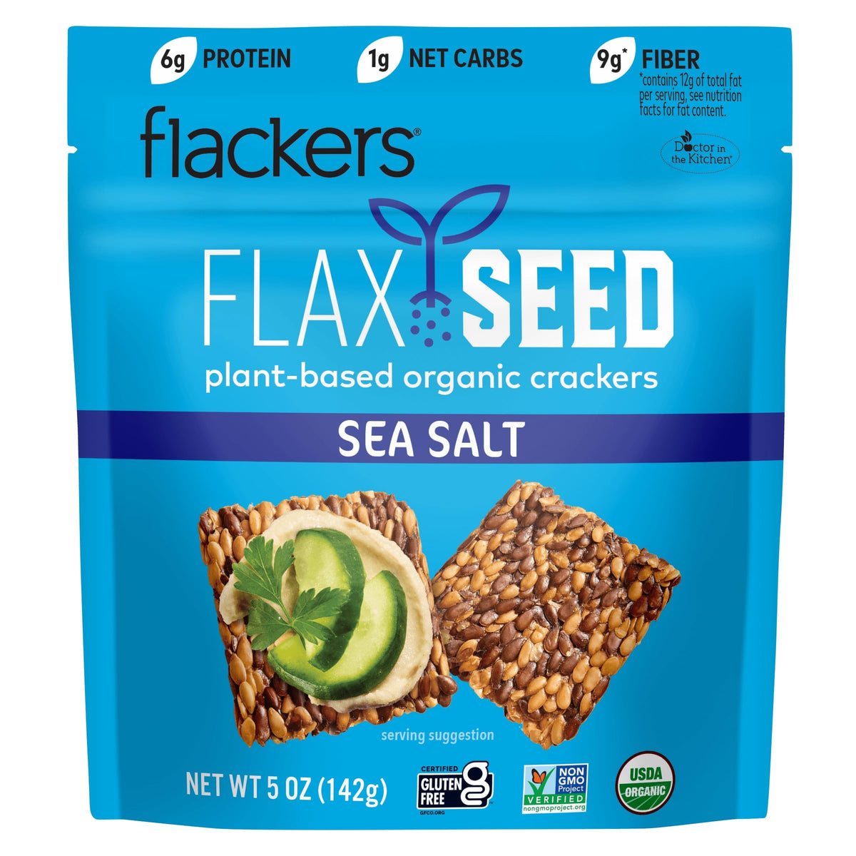 Flackers Doctor In The Kitchen Sea Salt crackers packaging front view, crisp plant-based snack