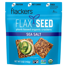 Flackers Doctor In The Kitchen Sea Salt crackers packaging front view, crisp plant-based snack