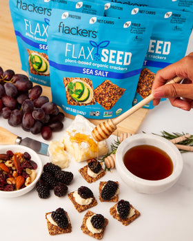 Flackers Doctor In The Kitchen Sea Salt cracker serving with toppings, pairs with dips