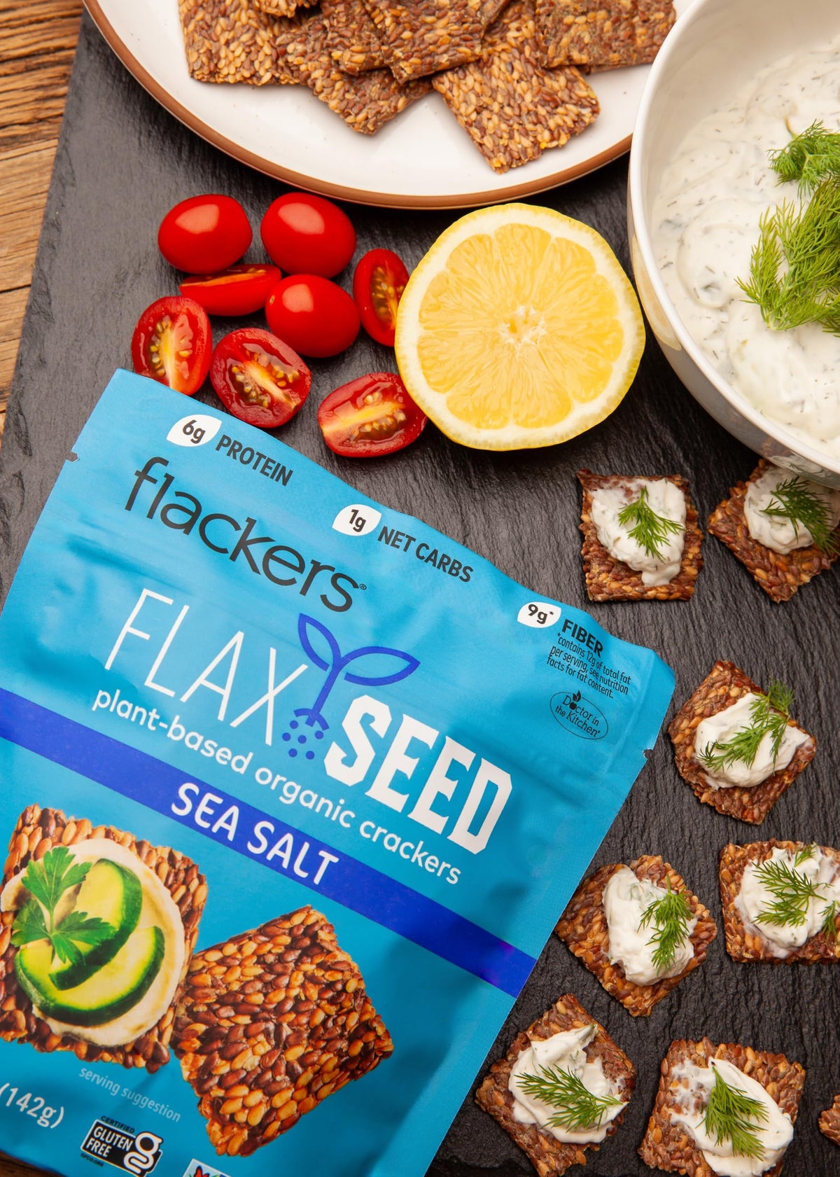 GFCO-certified label on Flackers packaging signals gluten-free quality.