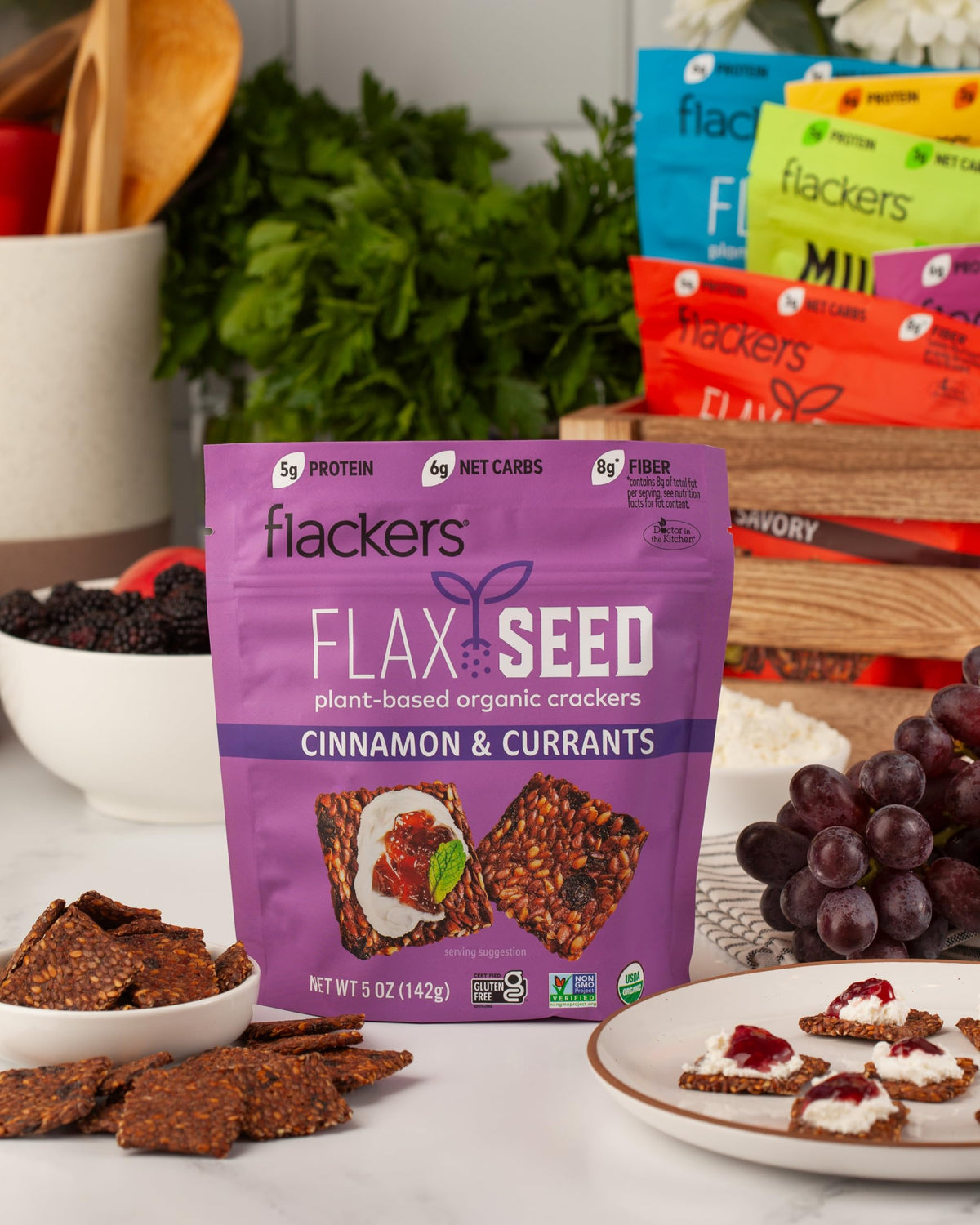 Flackers ingredients list highlights flaxseed and currants for fiber