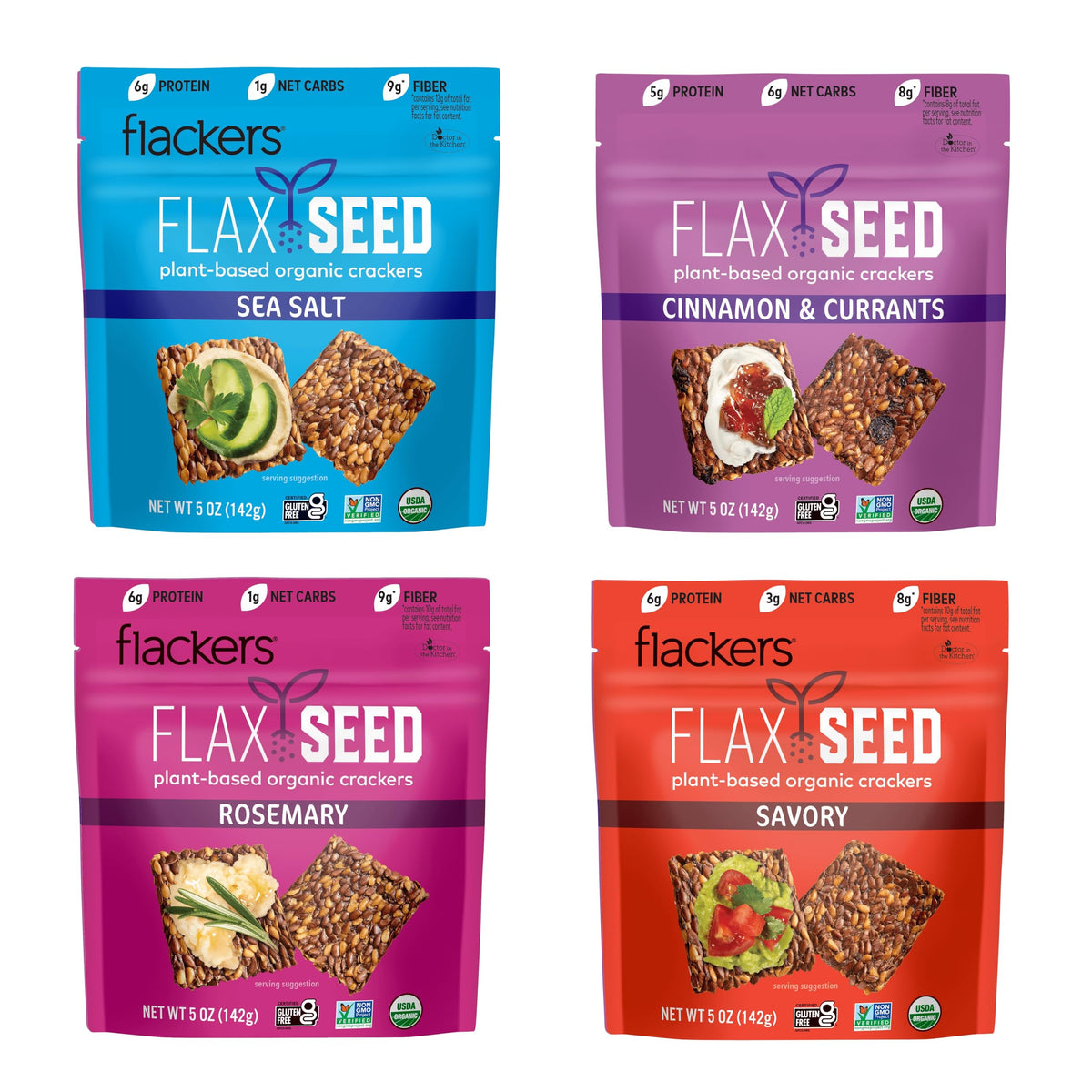 Flackers organic flax seed crackers packaging-front for on-the-go snacking