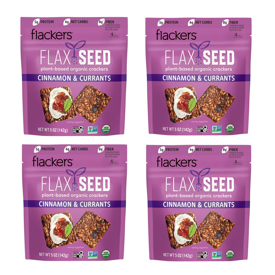 Flackers Cinnamon Currants crackers pack showing gluten-free, vegan label