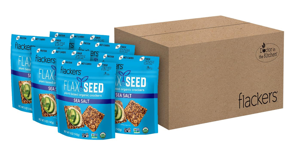 Flackers Organic Sea Flax Seed Crackers in a six-pack, gluten-free and high-fiber.