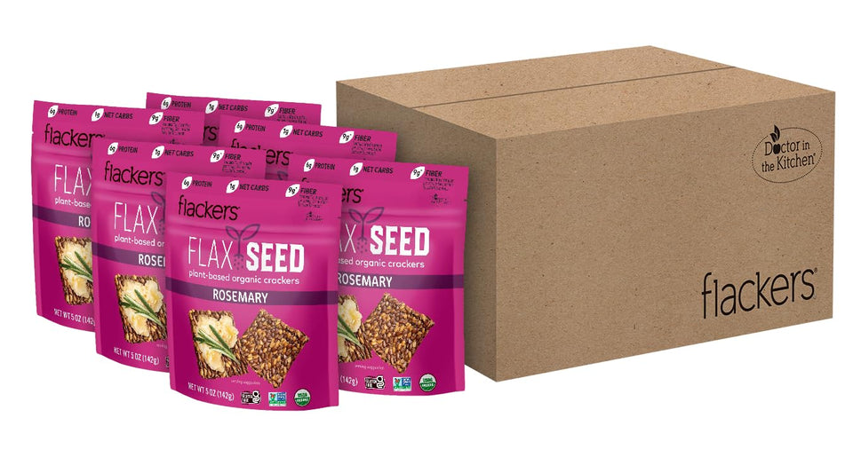 Flackers Rosemary Flax Crackers pack, gluten-free and high-fiber snack.