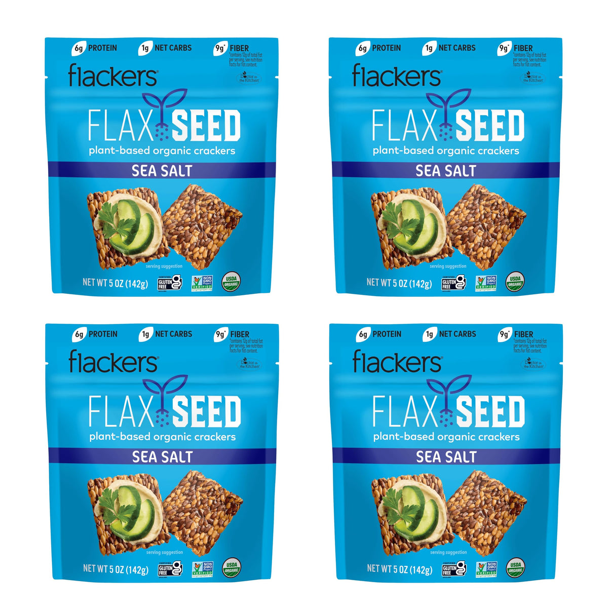 Flackers sea salt flax crackers pack—crunchy keto-friendly snack.