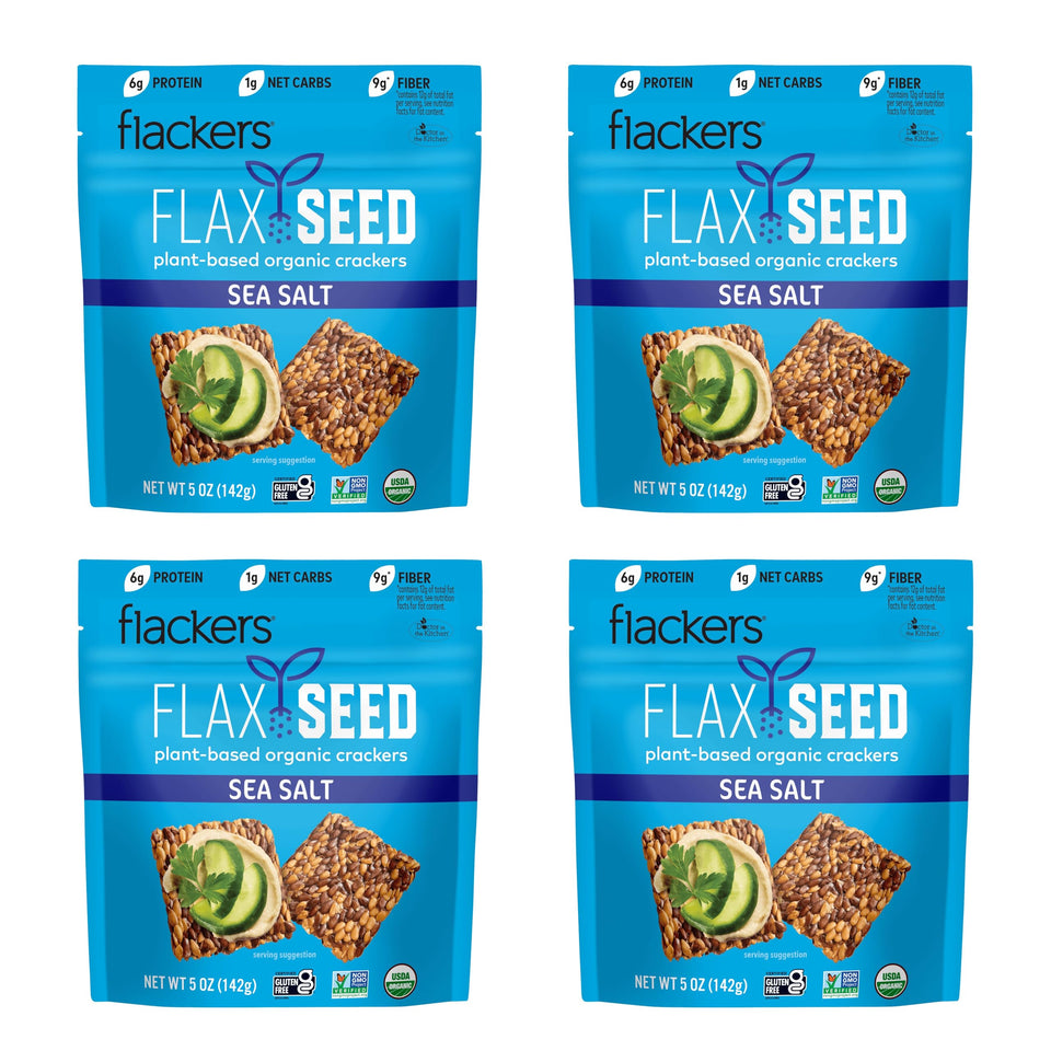 Flackers sea salt flax crackers pack—crunchy keto-friendly snack.