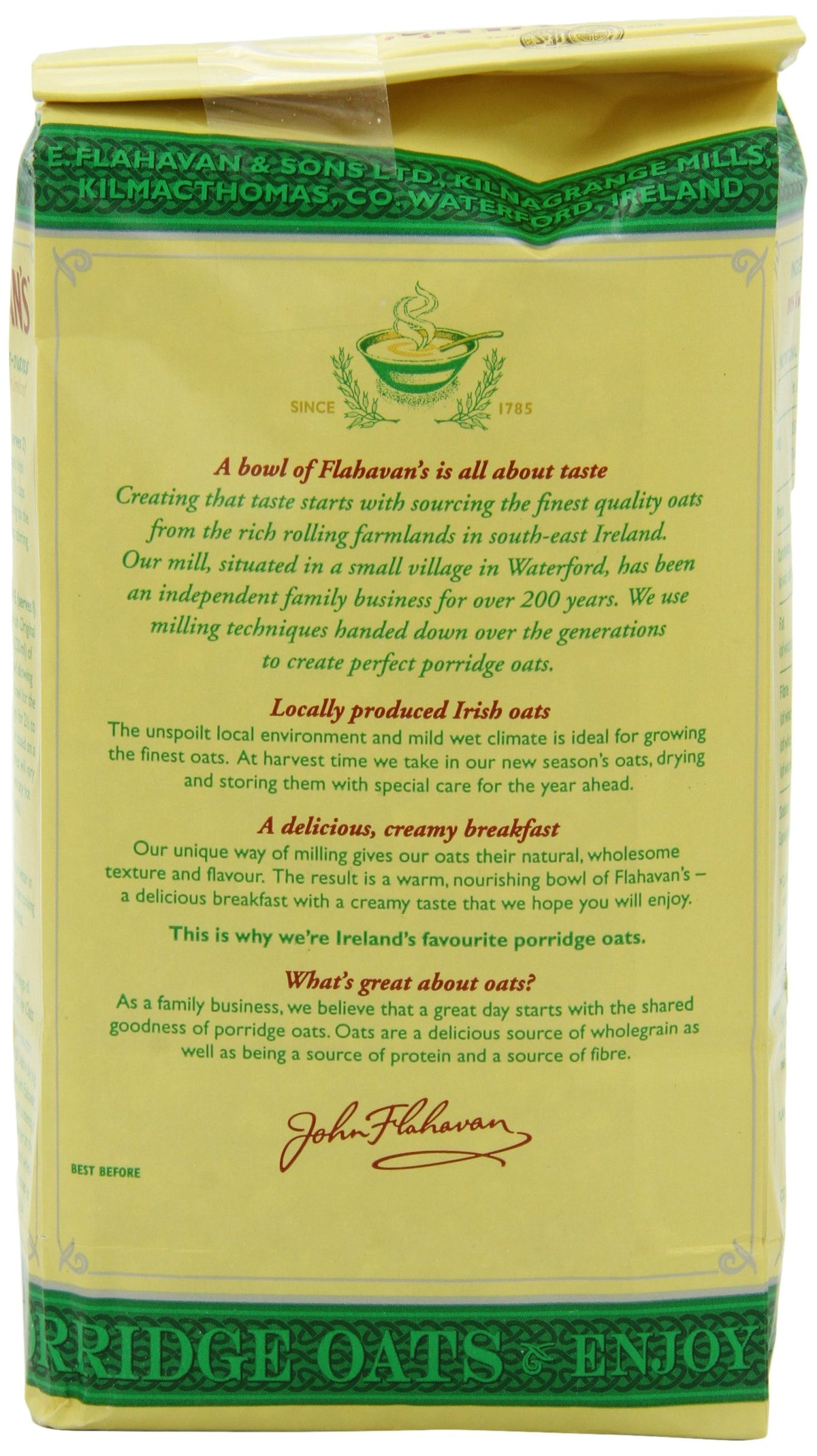 Flahavan's Irish Porridge Oats bowl-ready image showcases a warm, creamy breakfast.
