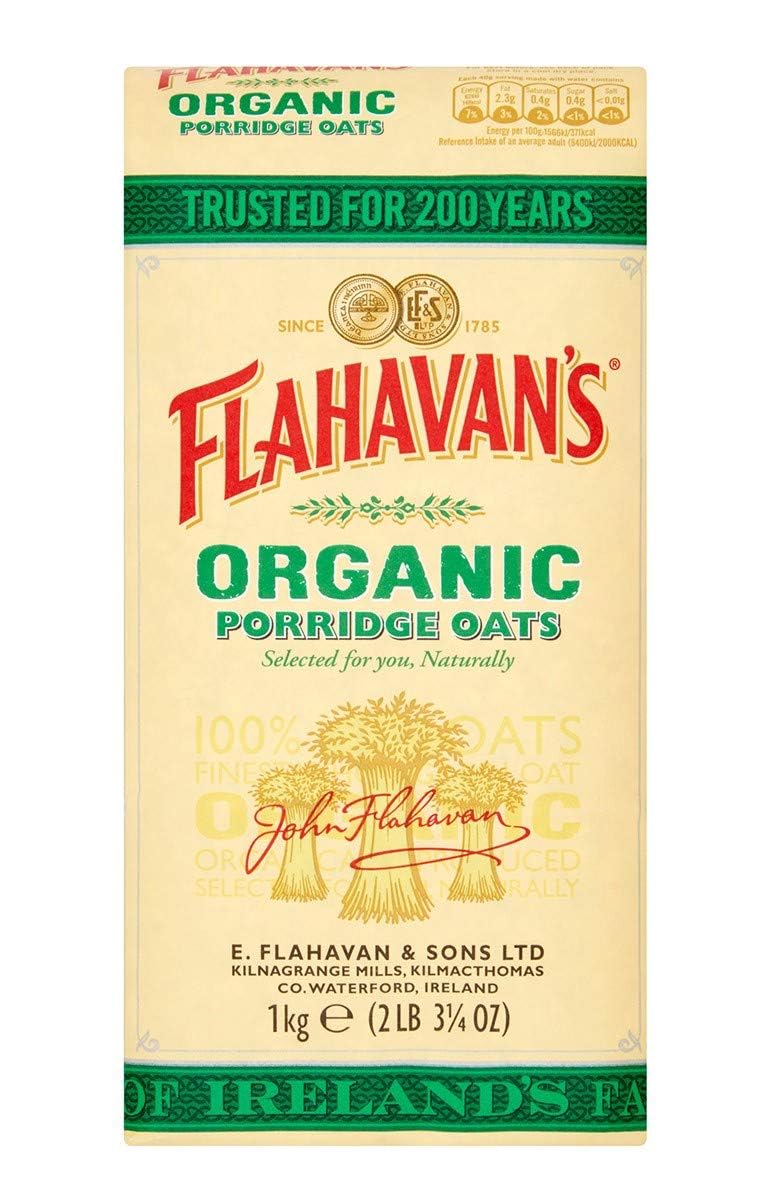 Flahavan's Organic Porridge Oats packaging highlights purity and sustainability.