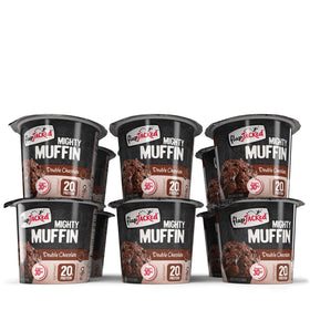 12-pack display emphasizing gluten-free, protein-packed flavor.
