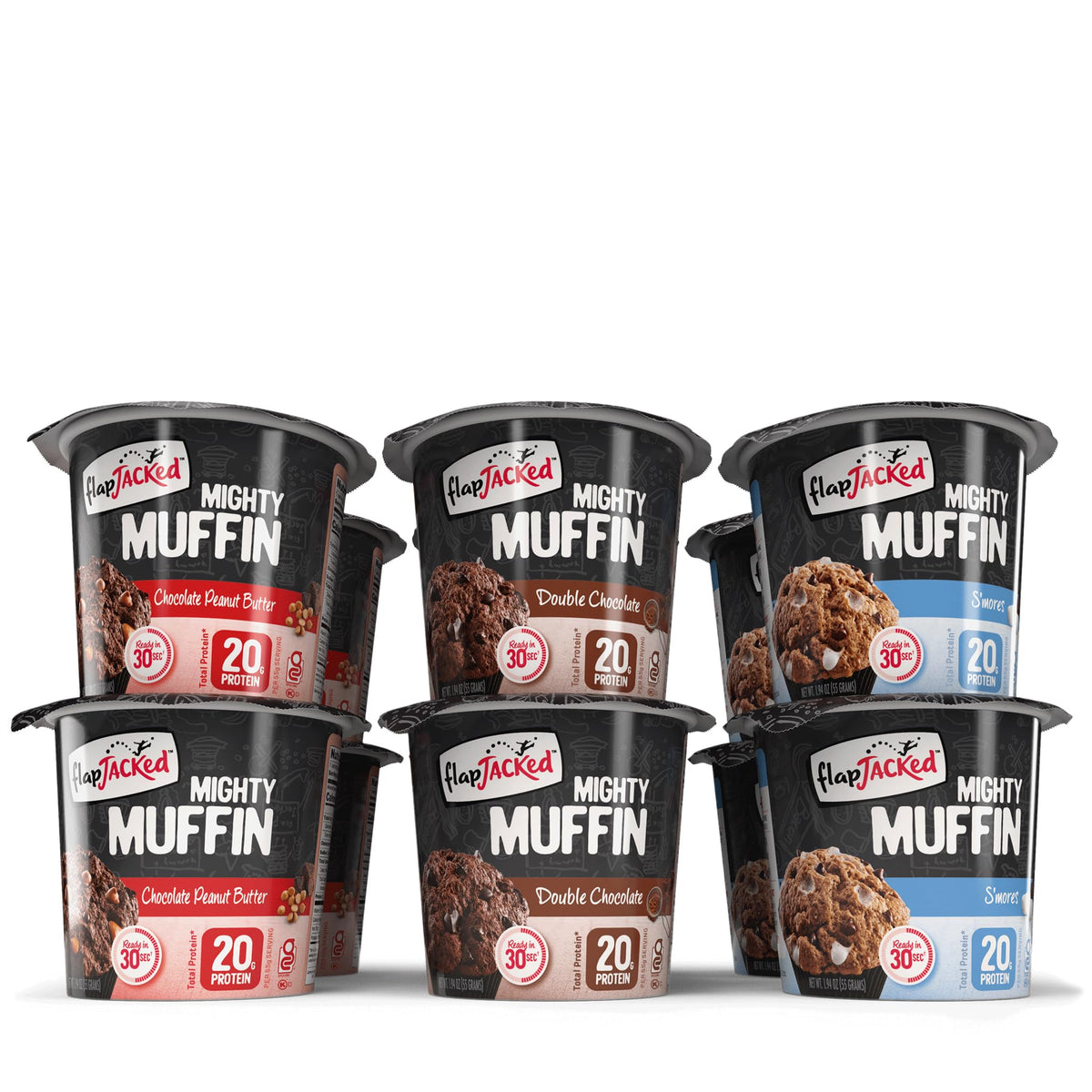 FlapJacked Mighty Muffins 12-pack front view, convenient protein snack for busy mornings.