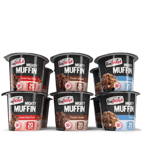 FlapJacked Mighty Muffins 12-pack front view, convenient protein snack for busy mornings.