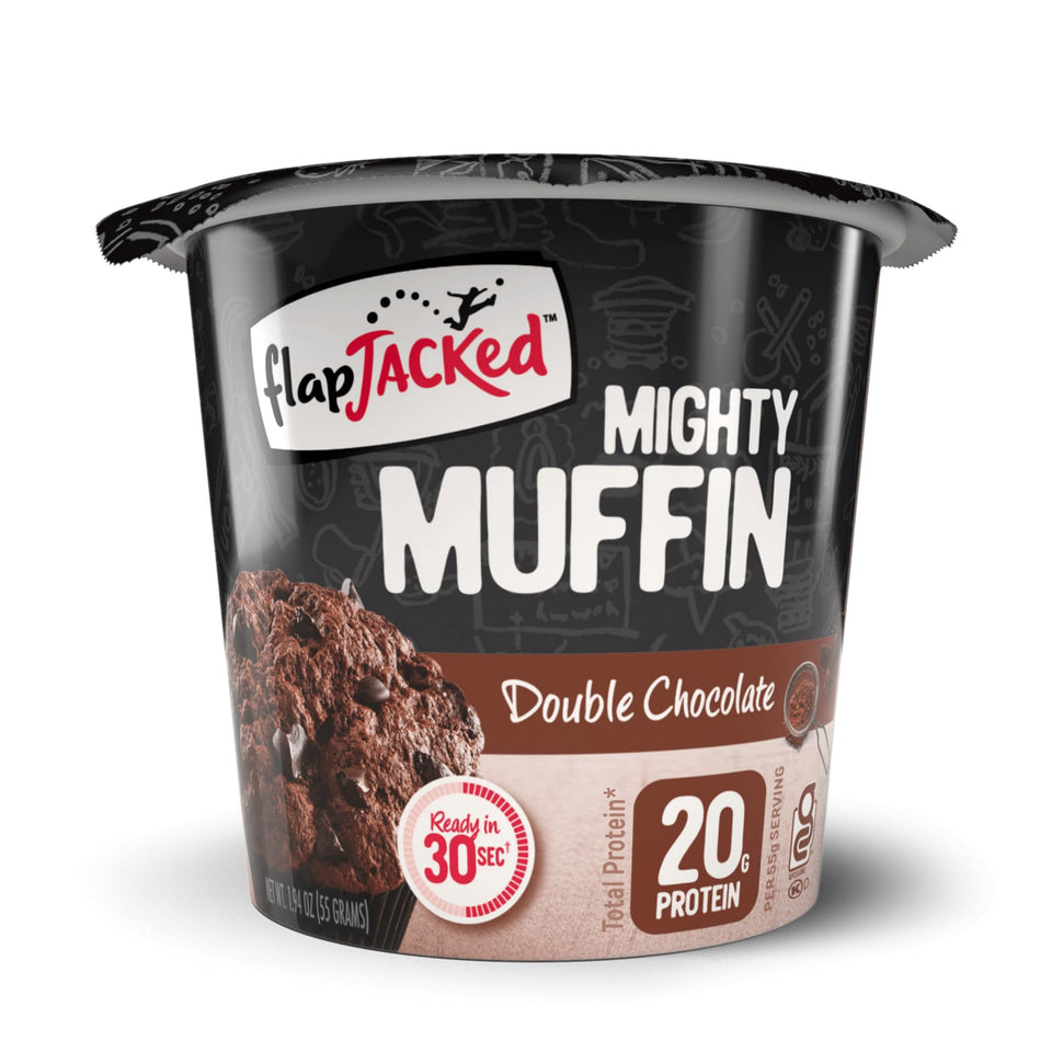 FlapJacked Mighty Muffins gluten-free double chocolate pack with protein boost.