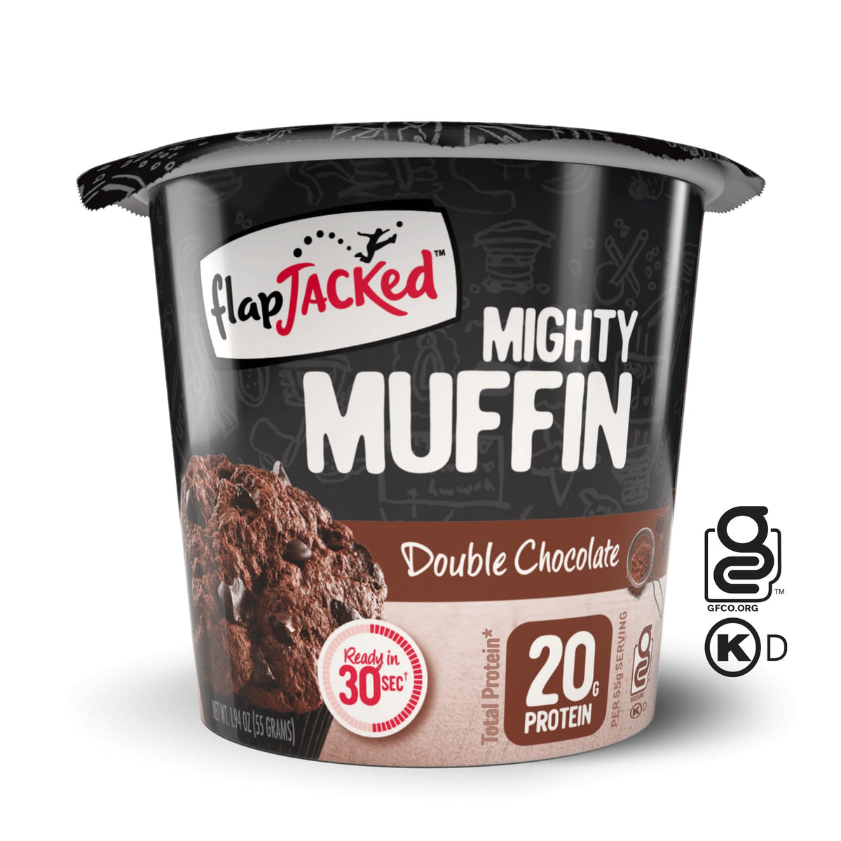 FlapJacked Mighty Muffins microwave-ready step demonstrating quick prep.