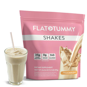 Flat Tummy Shakes Vanilla bottle with Morosil for a satisfying meal replacement.