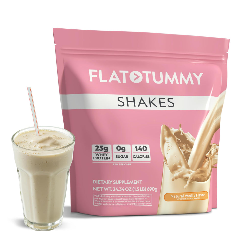 Flat Tummy Shakes Vanilla bottle with Morosil for a satisfying meal replacement.