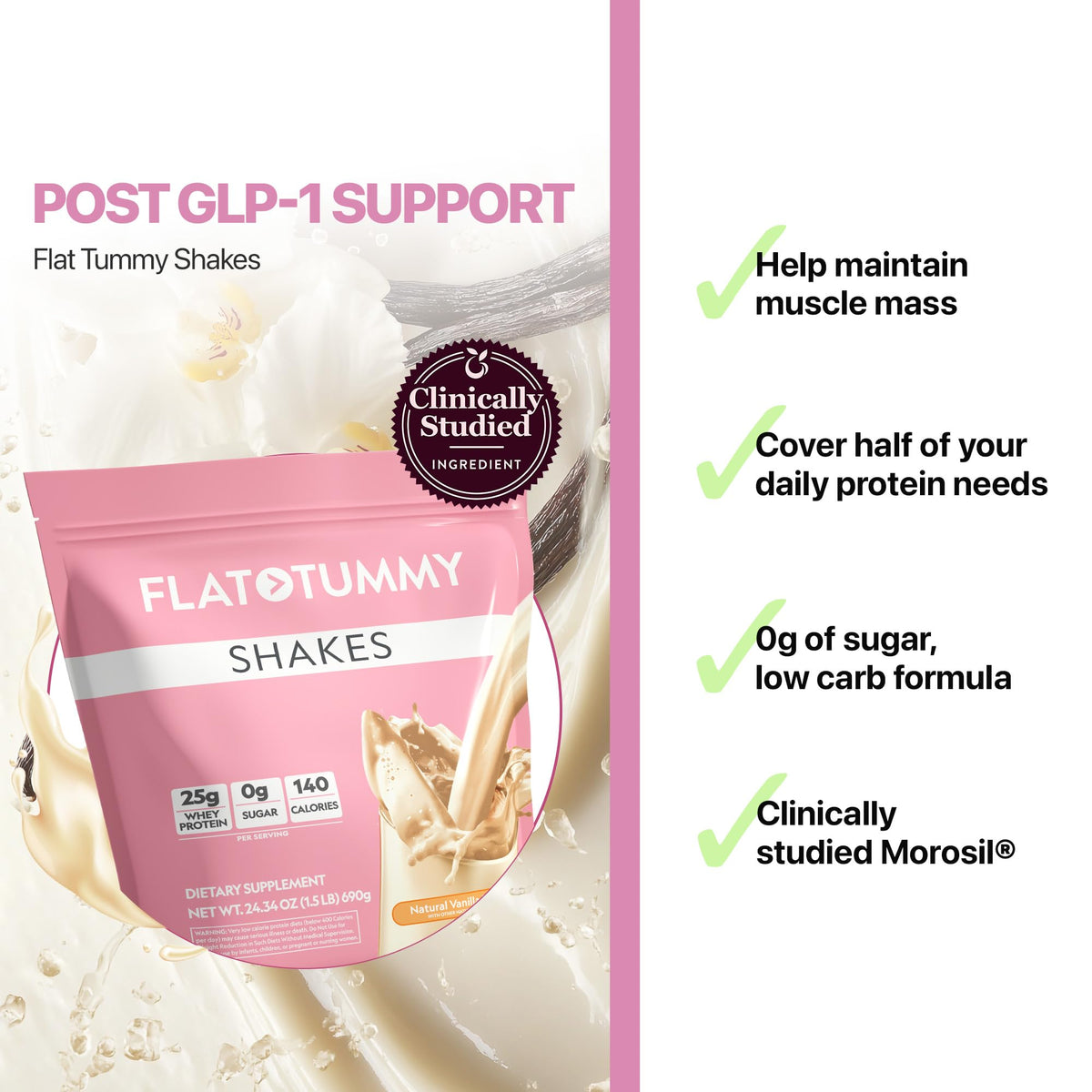 Flat Tummy Shakes Vanilla serving scoop ready for post GLP-1 use.