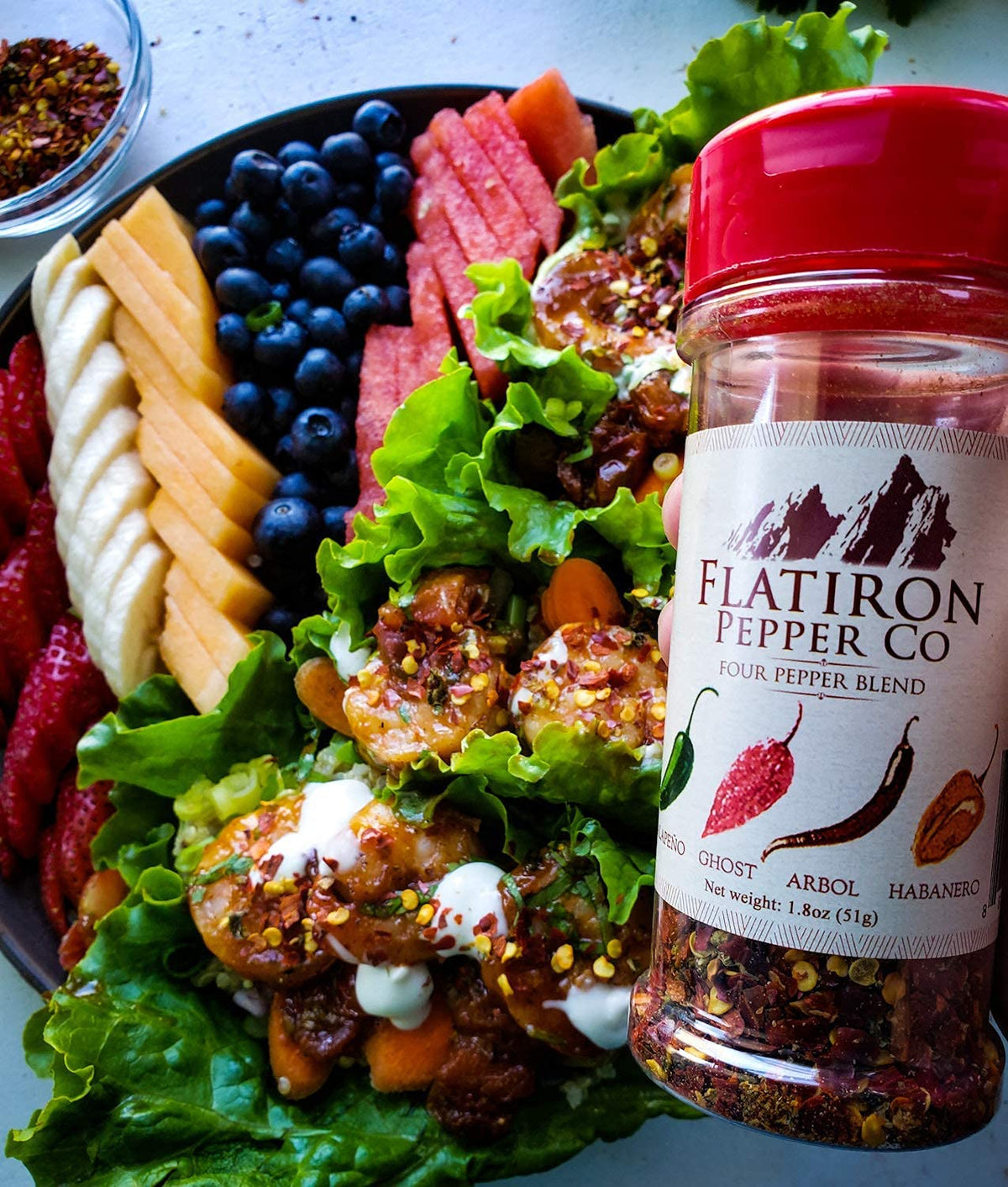 Flatiron Spice Four Pepper Blend ghost pepper close-up suggests intense aroma.