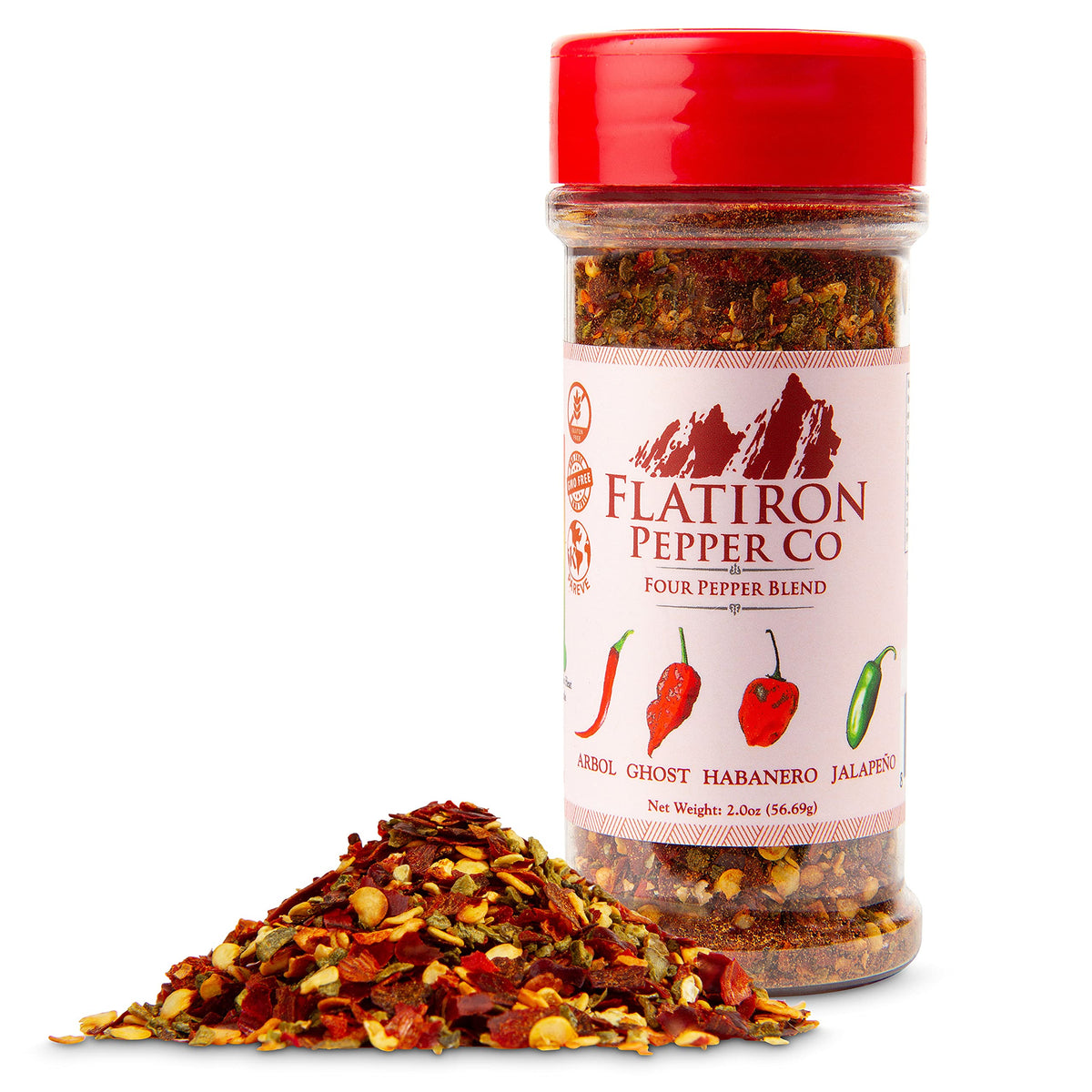 Flatiron Spice Four Pepper Blend ingredients close-up highlights premium peppers.