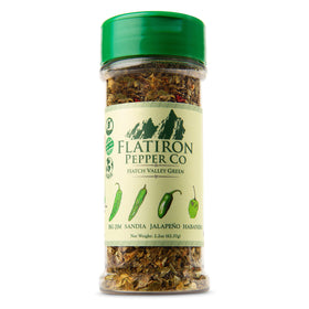 Flatiron Spice Hatch Green Flakes bottle enhances meals with balanced heat.