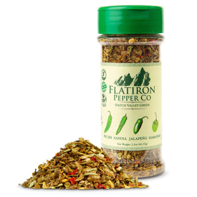 Flatiron Spice Hatch Green Flakes pour adds medium heat and aroma to dishes.