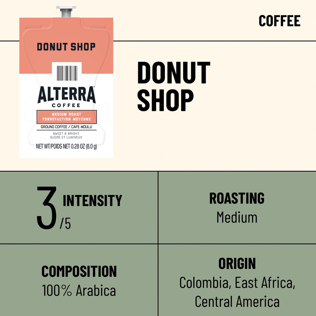 The Flavia Alterra Donut Shop aroma note sweet delivers a bright, inviting scent with each cup.