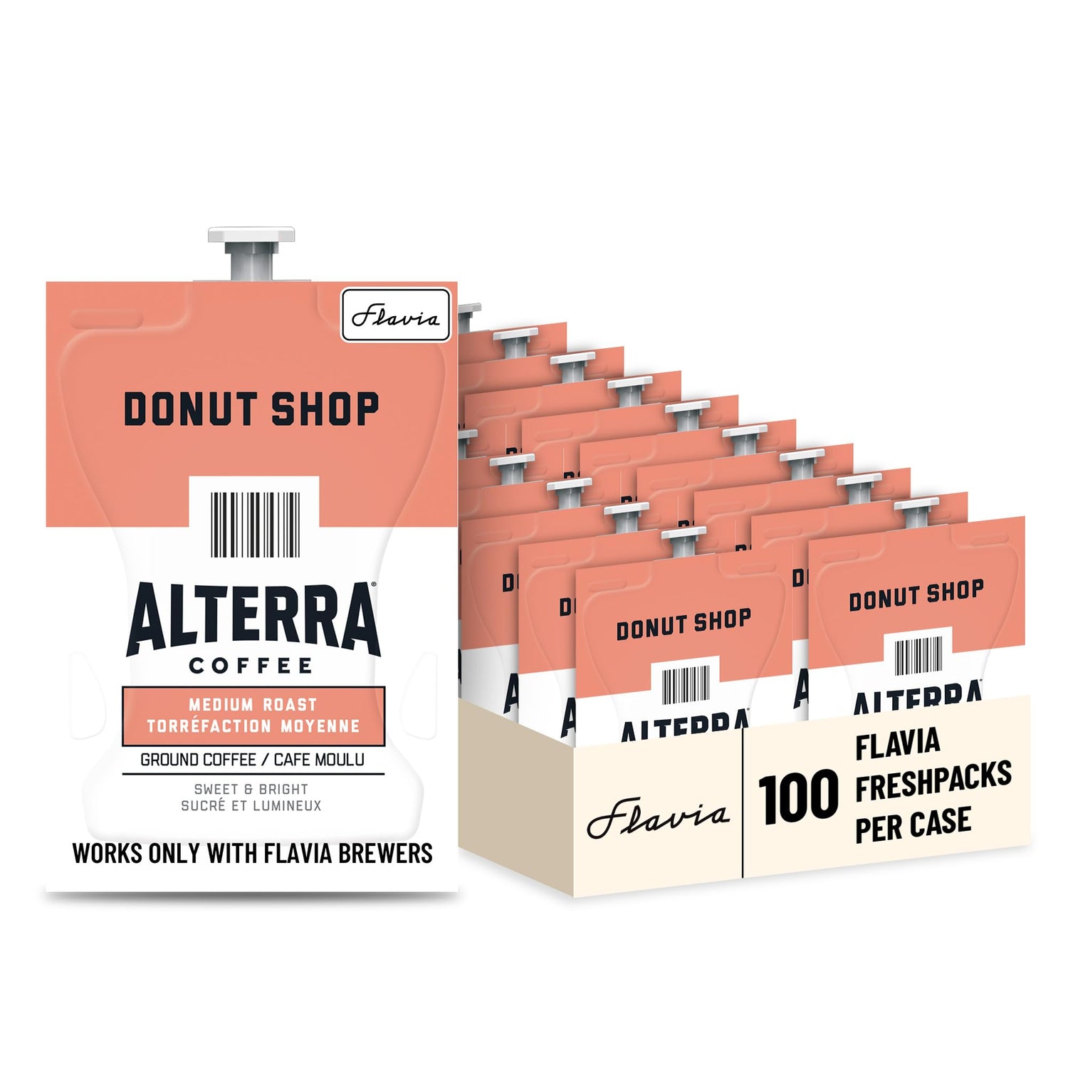 Flavia Alterra Donut Shop Freshpack closeup, compact packaging for quick single-serve brewing
