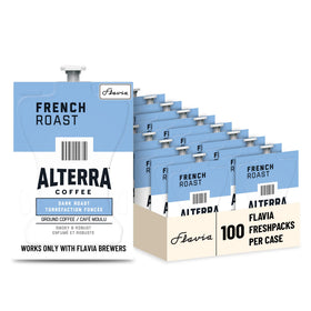 Flavia Alterra French Roast Freshpacks 100-case packaging for steady supply.
