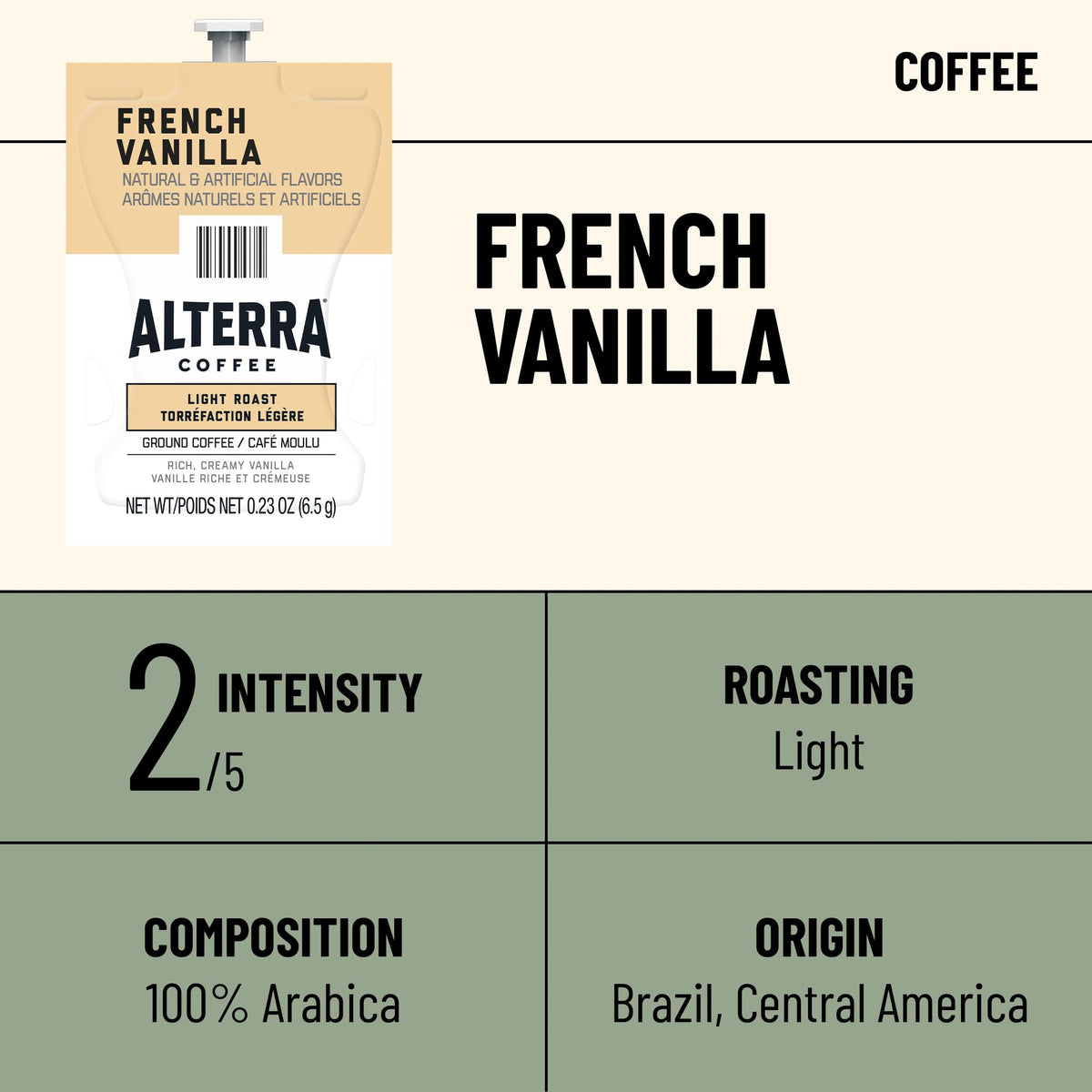 Close-up of a Flavia Alterra Freshpack showing creamy vanilla aroma.