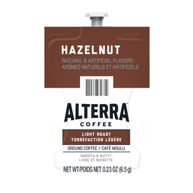 Flavia Alterra Hazelnut Freshpacks closeup showing compact packaging for easy office use