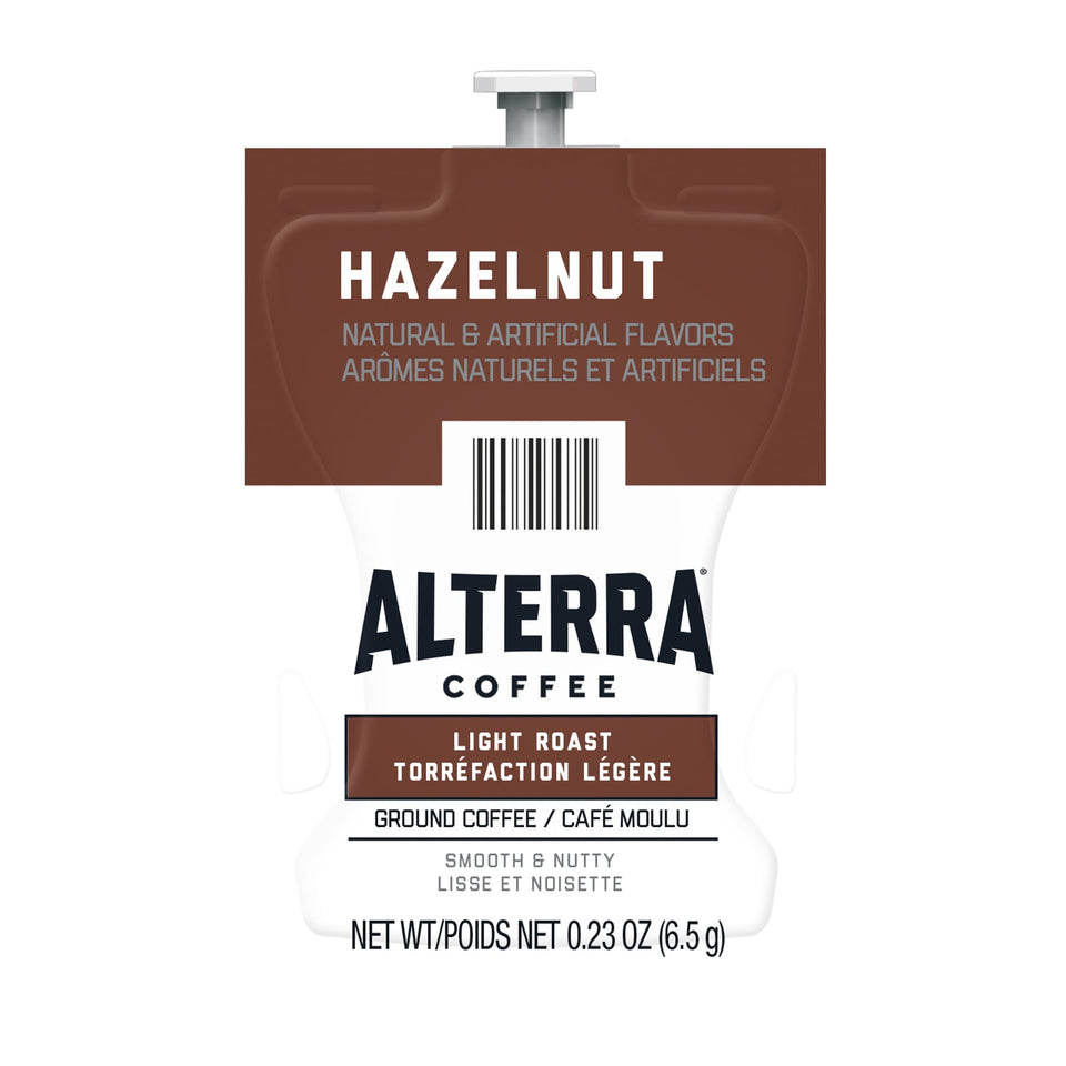 Flavia Alterra Hazelnut Freshpacks closeup showing compact packaging for easy office use