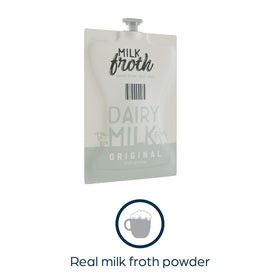 Preparing latte with Flavia Alterra Real Milk Froth in a Flavia brewer for quick, creamy texture.