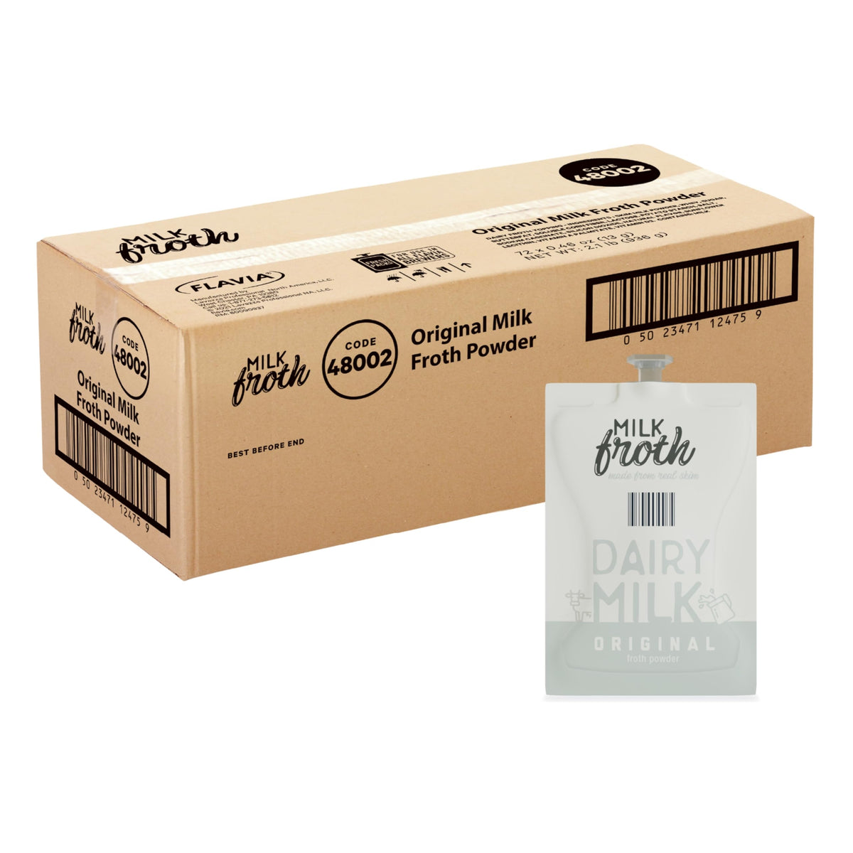Flavia Real Milk Froth packets neatly arranged on rails for simple single-serve use.