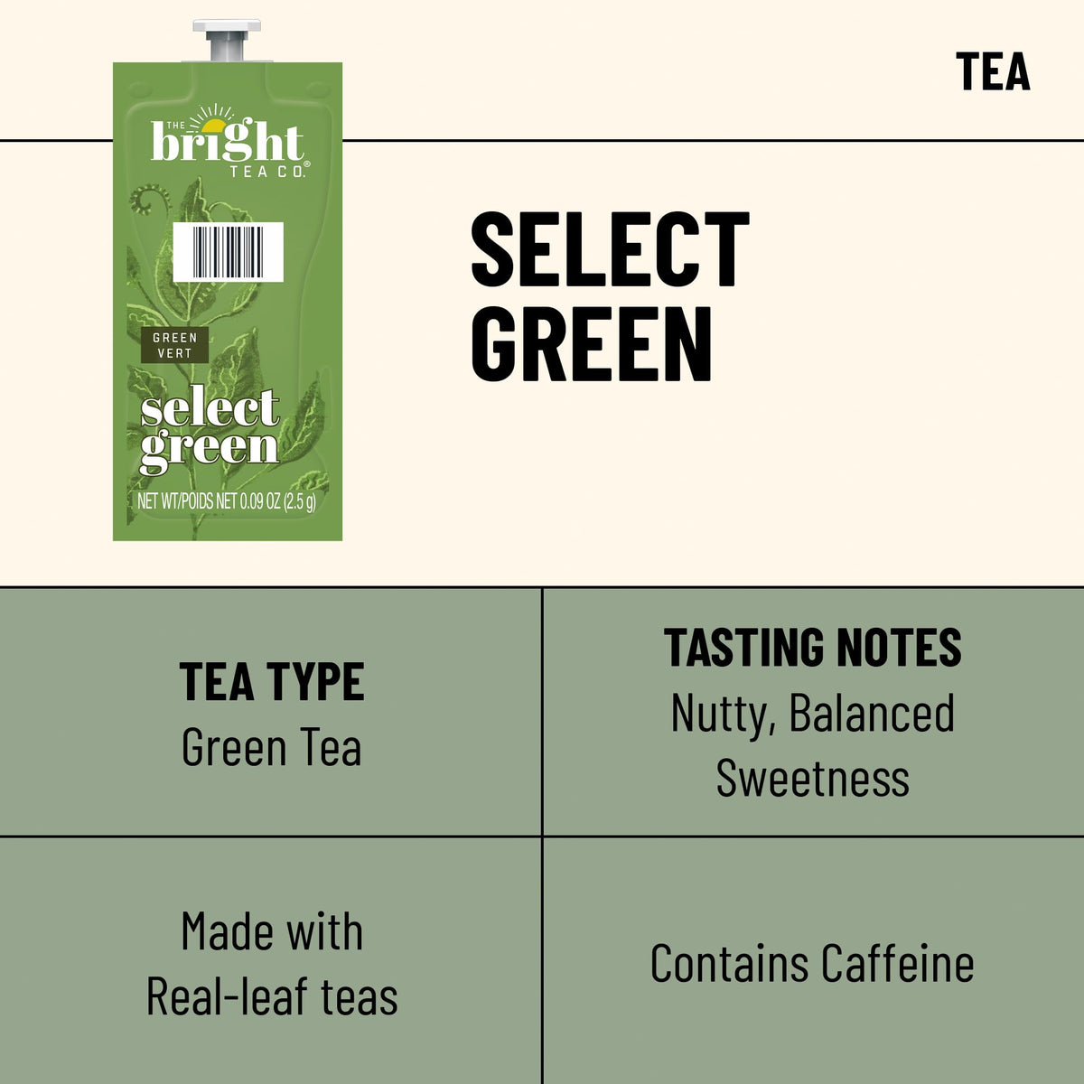 Flavia Bright Tea Co. Select Green Tea Freshpack box, ready to brew with ease.
