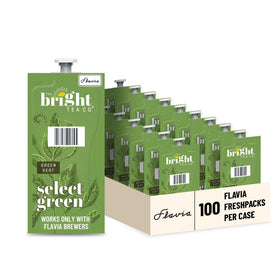 Flavia Bright Tea Co. Select Green Tea Freshpack packaging for home use, convenient single-serve.
