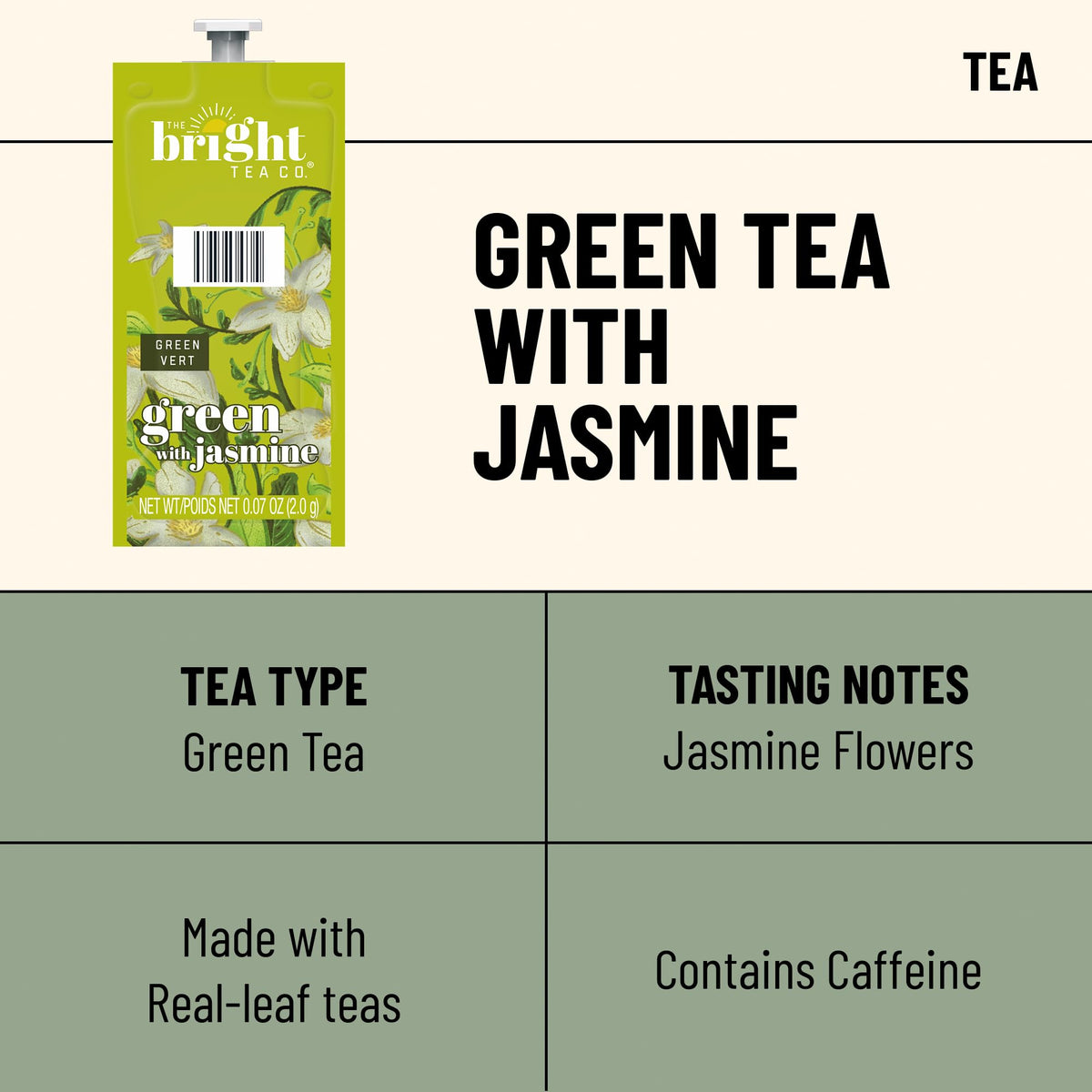 Flavia Bright Tea Co jasmine green tea Freshpack cup with fragrant aroma.